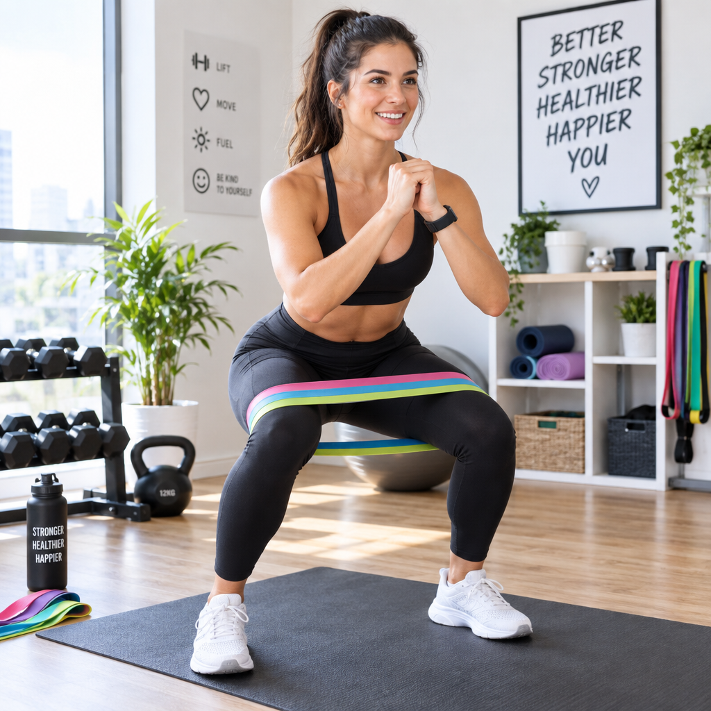 Woman doing resistance band workout at home