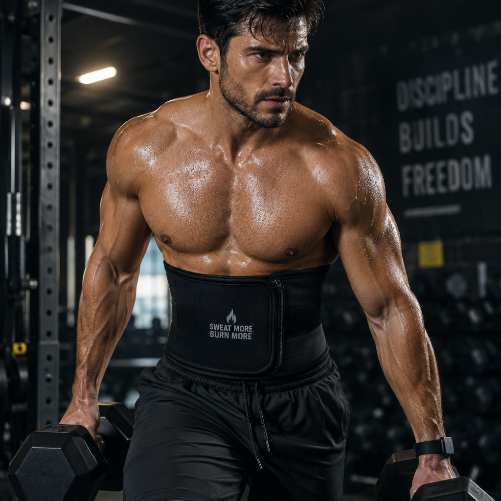 Man wearing sauna waist trimmer belt during gym workout